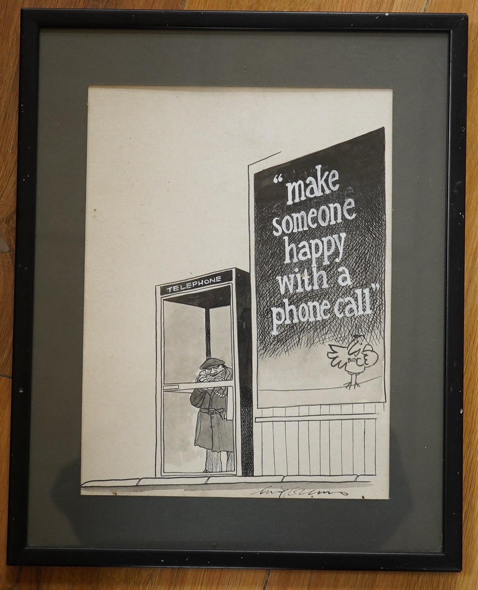 20th century, heightened ink cartoon, 'Make Someone Happy with a Phone Call', signed in ink Guy ?, 27 x 20cm. Condition - fair